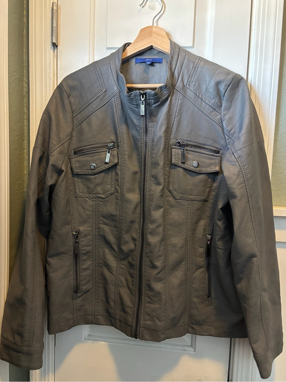 APT. 9 Gray Womens Faux Leather Moto Jacket Zip Pocket Motorcycle Style